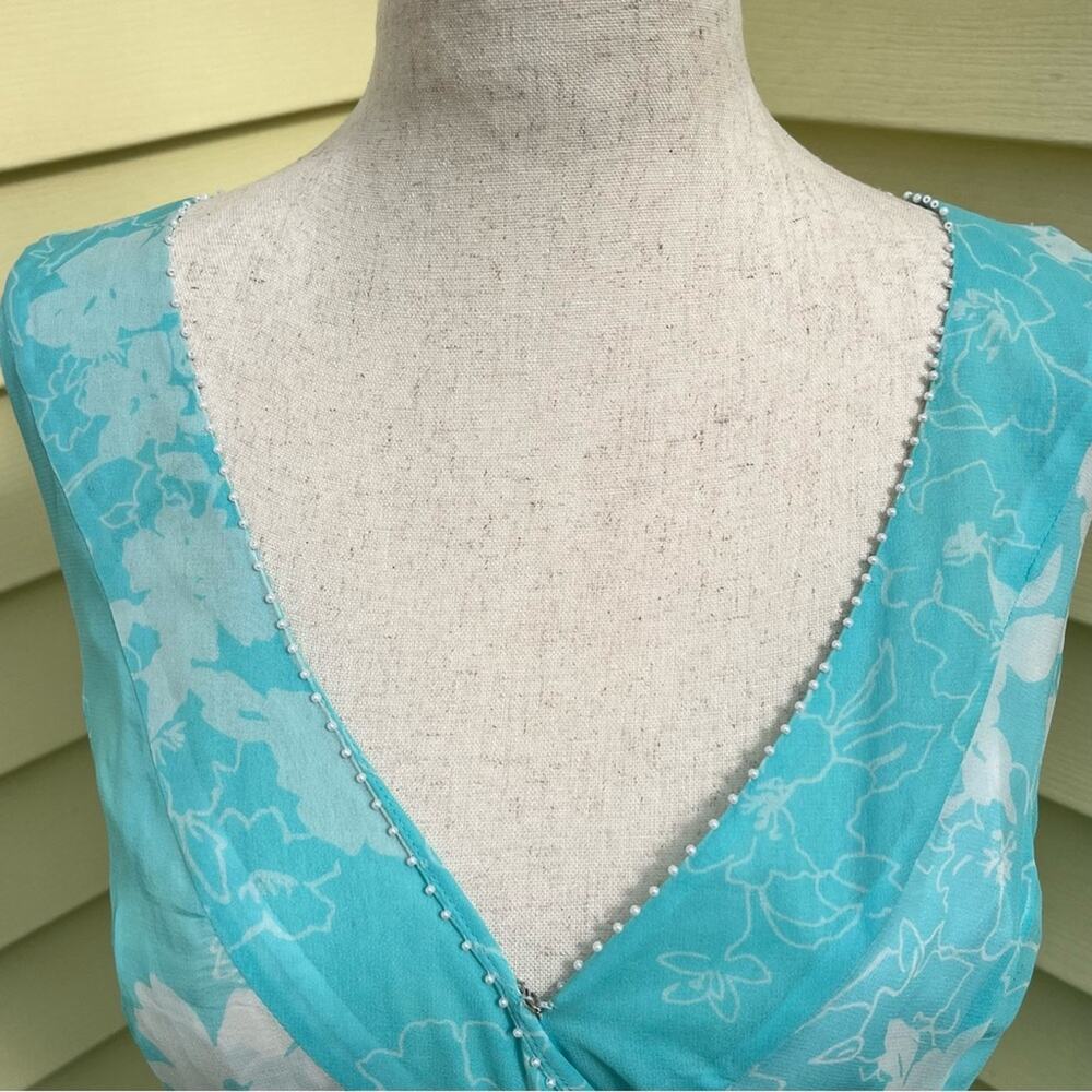 ICE Blue Silk Floral Wrap Dress Pearls Romantic Vintage Y2K Tie Women's Small - Picture 4 of 10